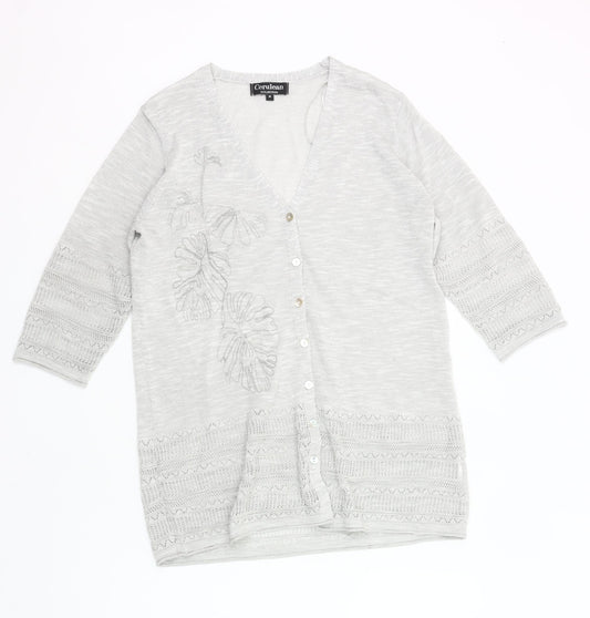 Cerulean Womens Grey Cardigan M 3/4 Sleeve V-Neck Embroidered Knit