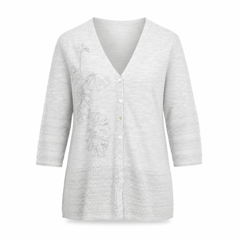 Cerulean Womens Grey Cardigan M 3/4 Sleeve V-Neck Embroidered Knit