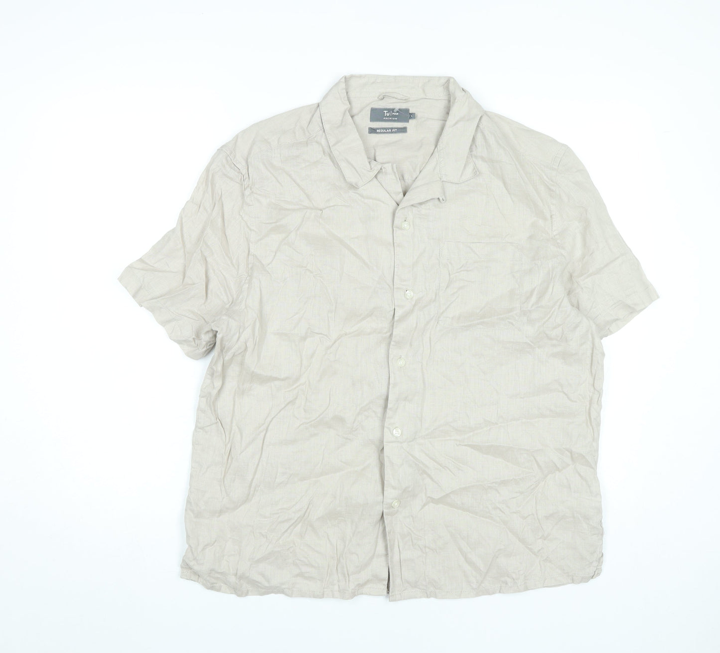 Tu Men’s Beige Linen Short Sleeve Button-Up Shirt L 42-44in