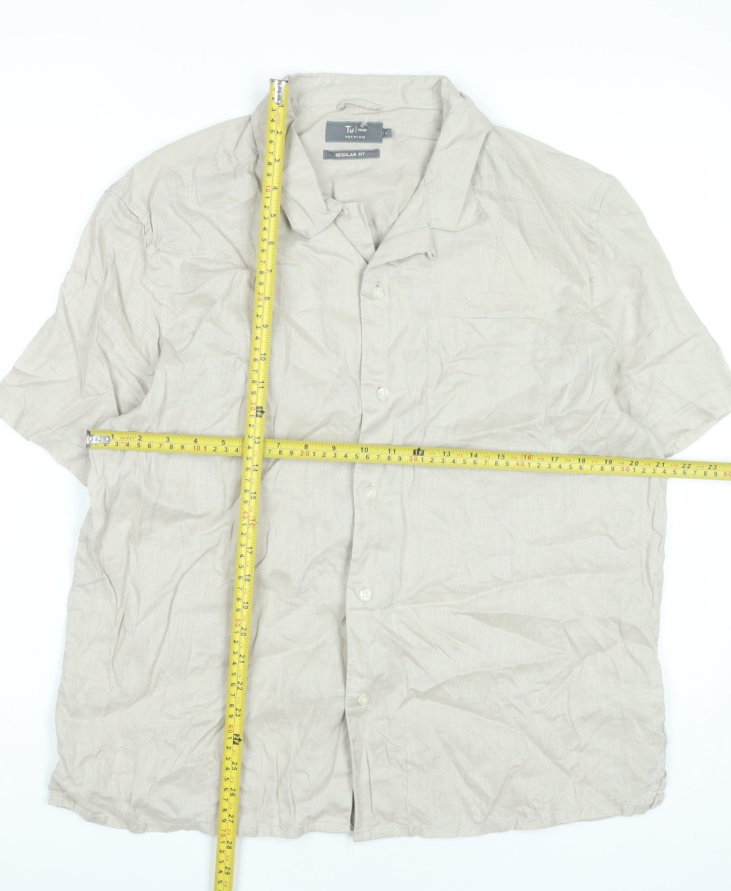 Tu Men’s Beige Linen Short Sleeve Button-Up Shirt L 42-44in