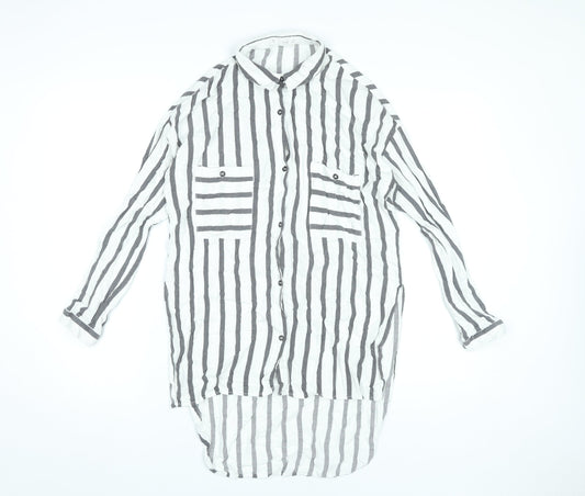 MNG Women’s White Striped Button-Up Tunic Shirt Size 8