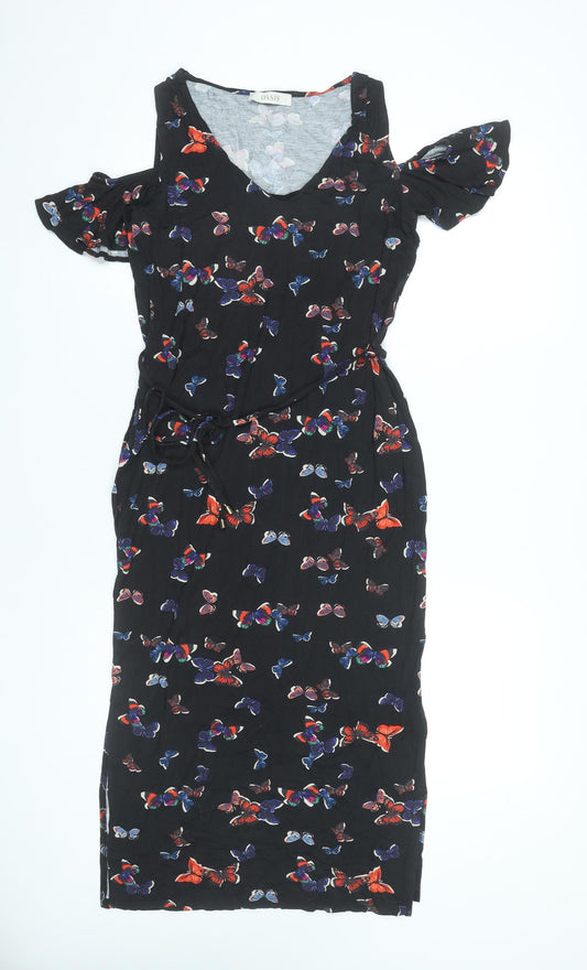 Oasis Women’s Black Butterfly Cold Shoulder Knee Length Sheath Dress Size S