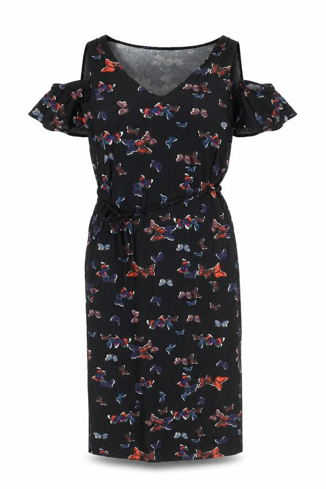Oasis Women’s Black Butterfly Cold Shoulder Knee Length Sheath Dress Size S