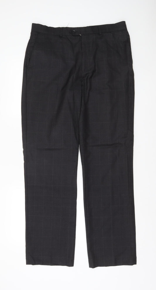 Moss Mens Black 34R Wool Blend Checked Dress Trousers