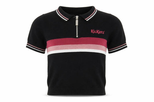 Kickers Womens XS Black Polo Shirt Zip Collar Striped Casual Top
