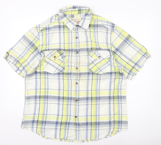 Sandstone Men's Yellow Plaid Cotton Short Sleeve Button-Up Shirt L
