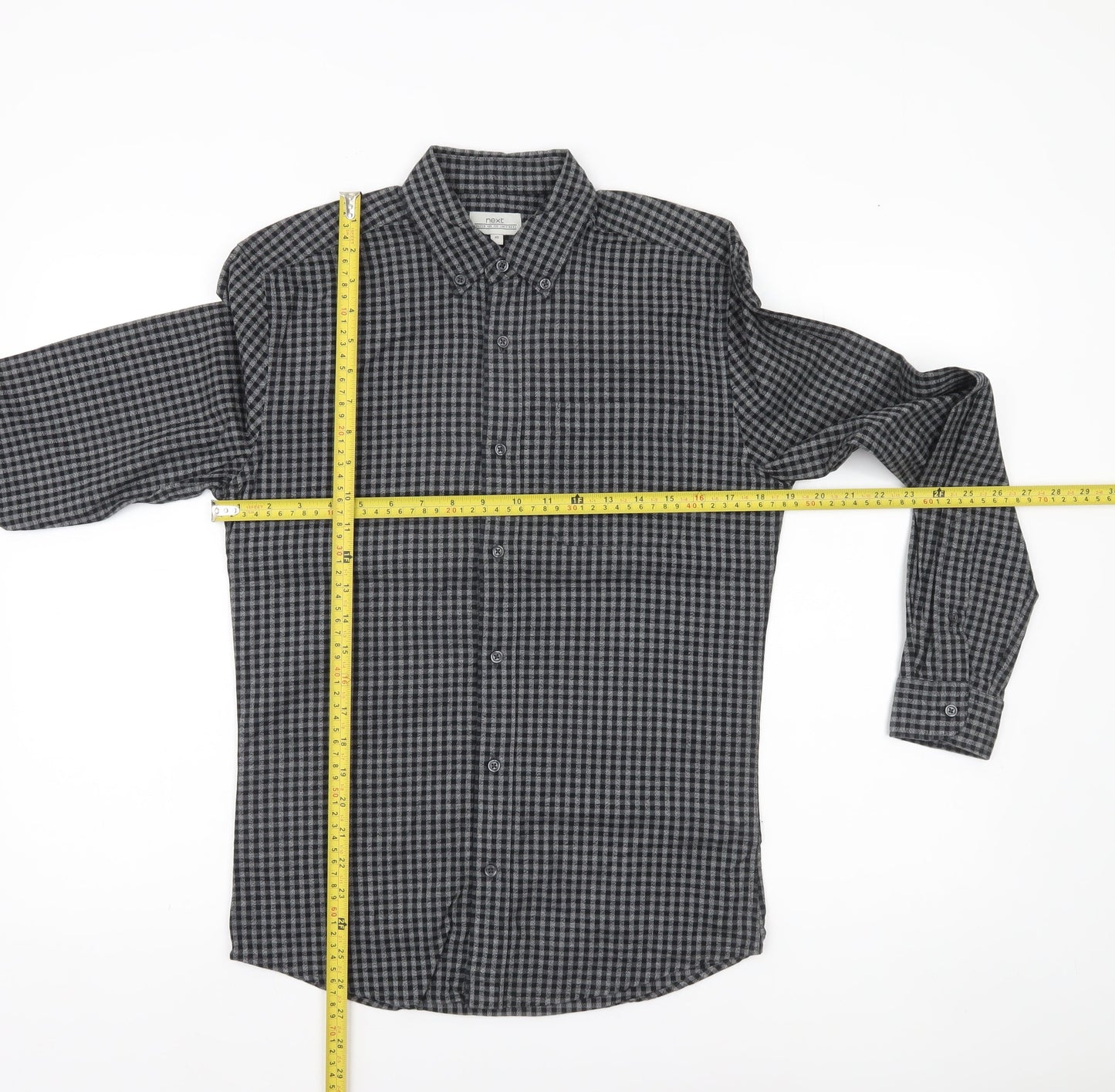 Next Men’s Grey Check Button-Up Shirt XS Regular Fit Cotton