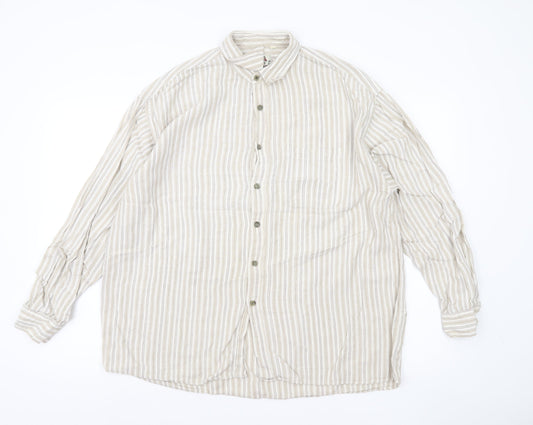 Natif Men’s Beige Striped Linen Cotton XL Casual Button-Up Shirt