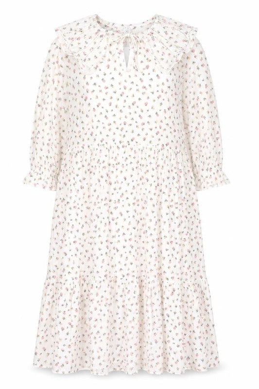 New Look Women White Floral Midi A-Line Dress Size 8 Long Sleeve