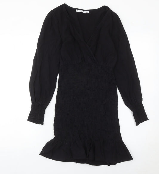 By Clara Women’s Black Short Sheath Dress Size S V-Neck Ruffle