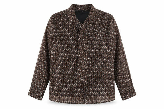 Front view of JD Williams women’s brown geometric blouse, size UK 20, collared long sleeve