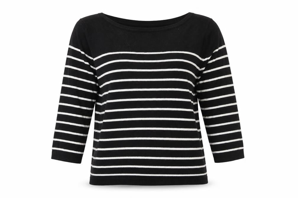 H&M Women Black White Striped Pullover Jumper Size 12 3/4 Sleeve