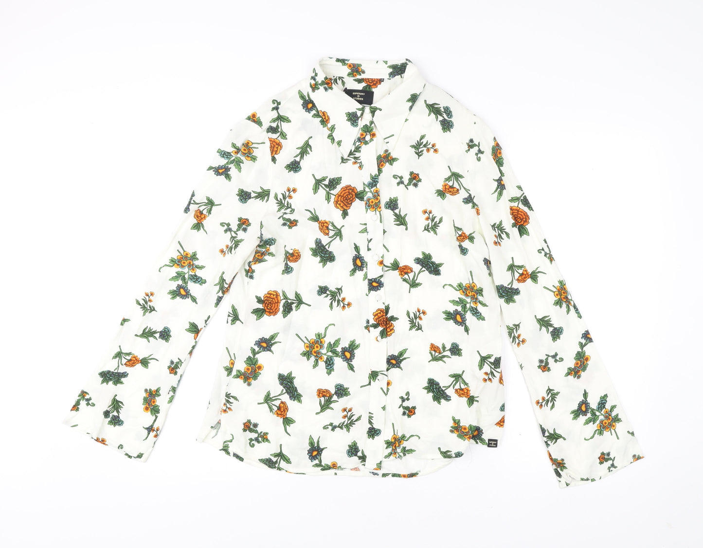Superdry Womens White Floral Button-Up Shirt UK 12 Long Sleeve