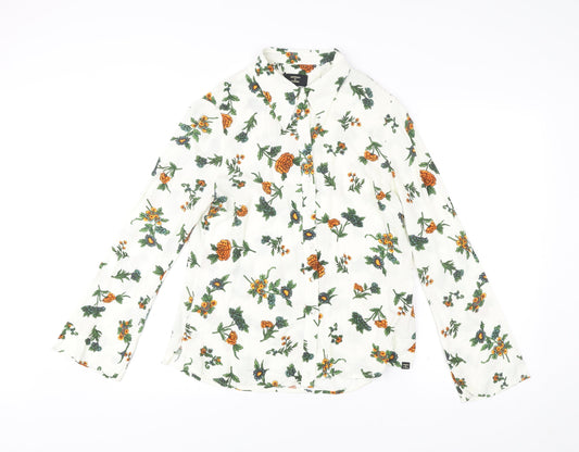 Superdry Womens White Floral Button-Up Shirt UK 12 Long Sleeve