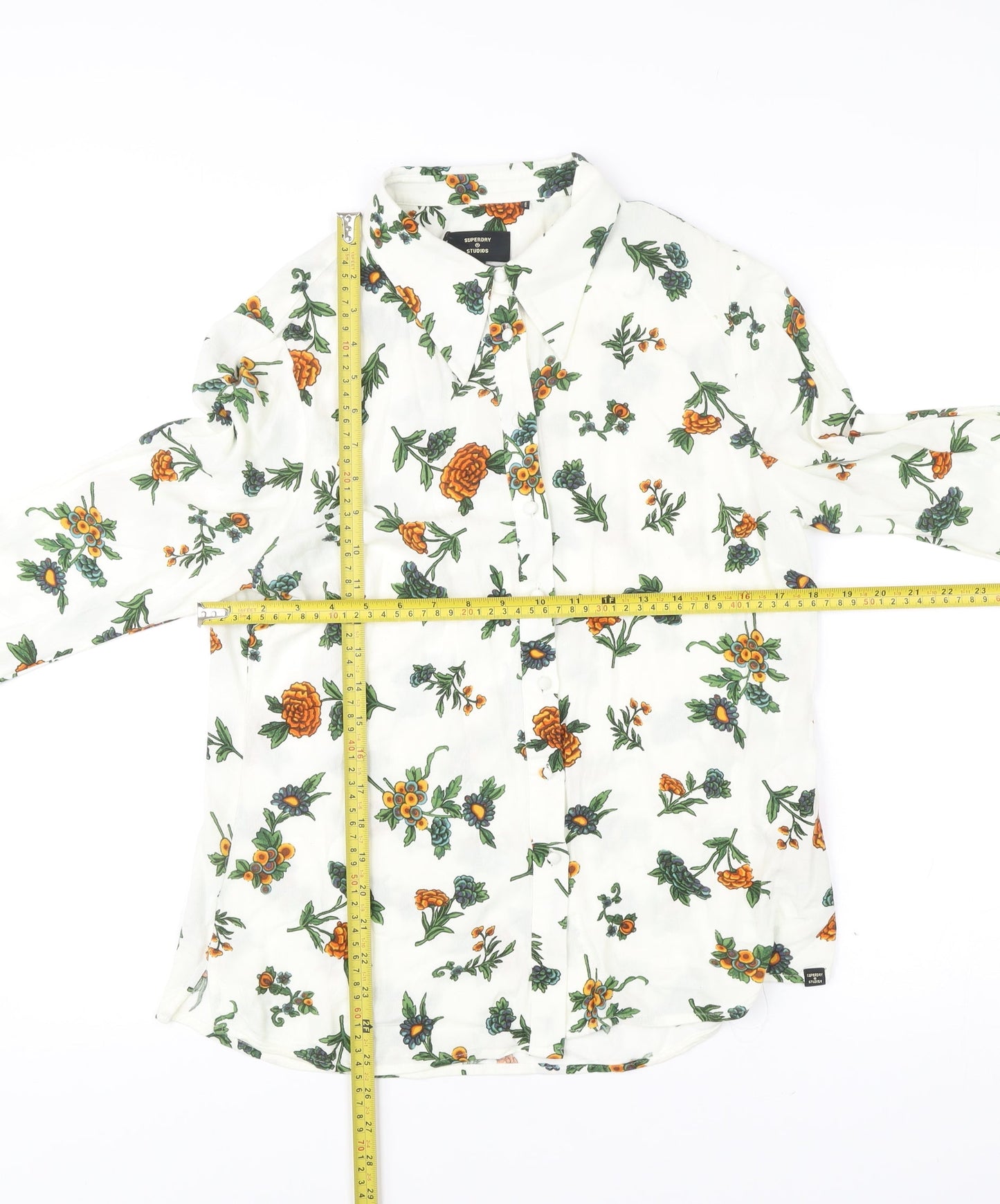 Superdry Womens White Floral Button-Up Shirt UK 12 Long Sleeve