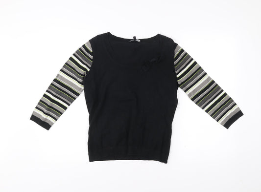 Laura Ashley Women’s Black Striped Jumper UK 12 Scoop Neck Pullover