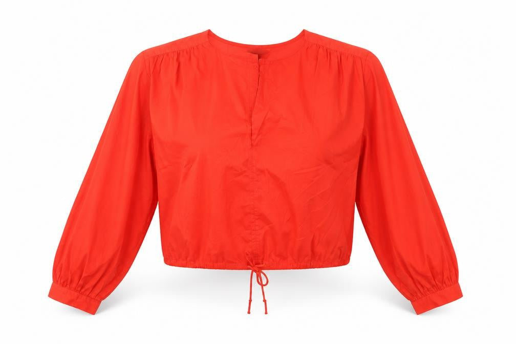 H&M Women Red Cropped Cotton Blouse Size S Balloon Sleeve
