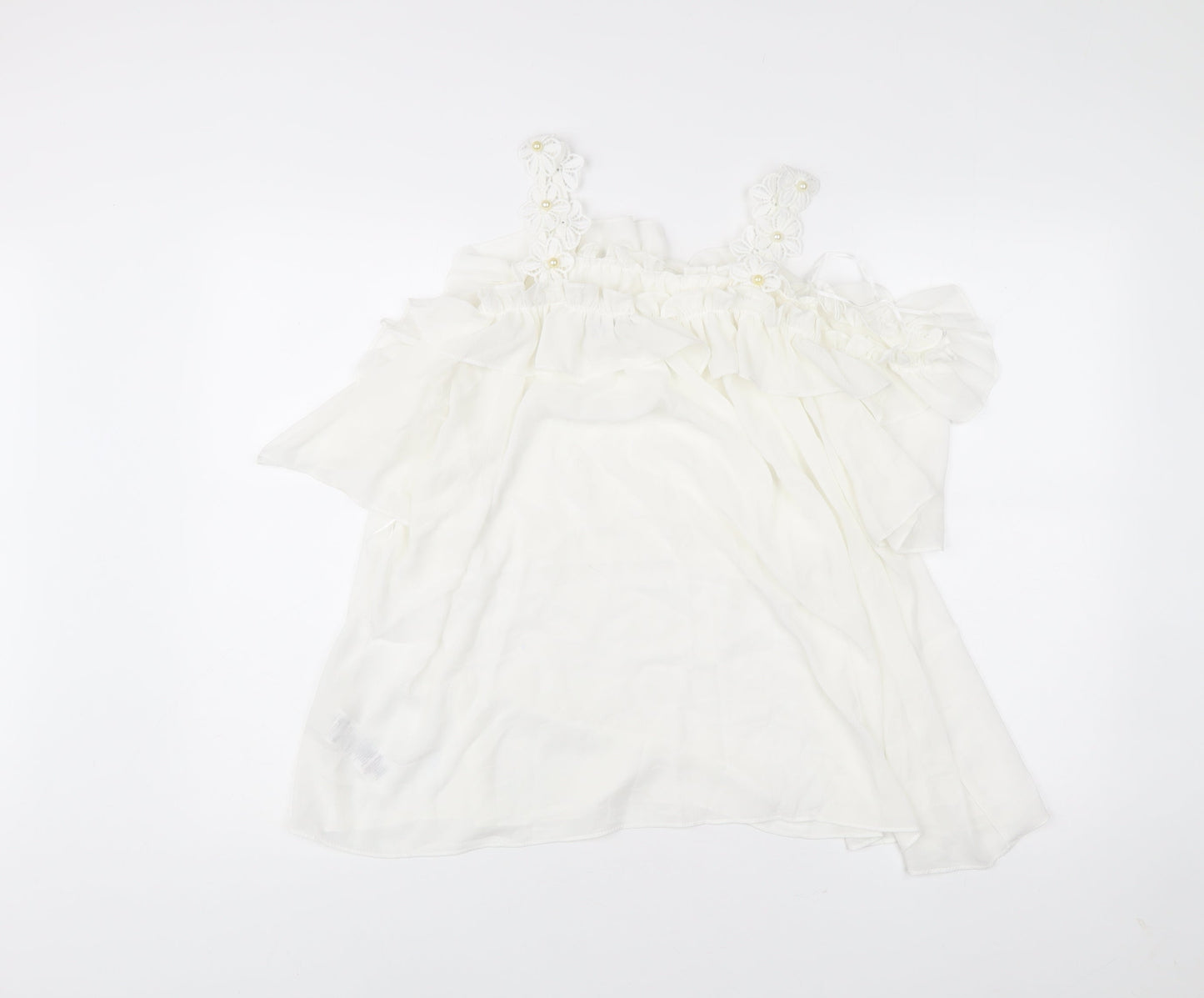 Quiz Women’s White Chiffon Tunic Blouse Size M Party Ruffle Strappy