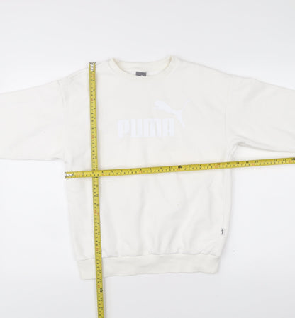 Back view of Puma women’s white xs pullover sweatshirt crew neck logo cotton blend
