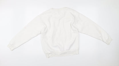 Close-up detail of Puma women’s white xs pullover sweatshirt crew neck logo cotton blend