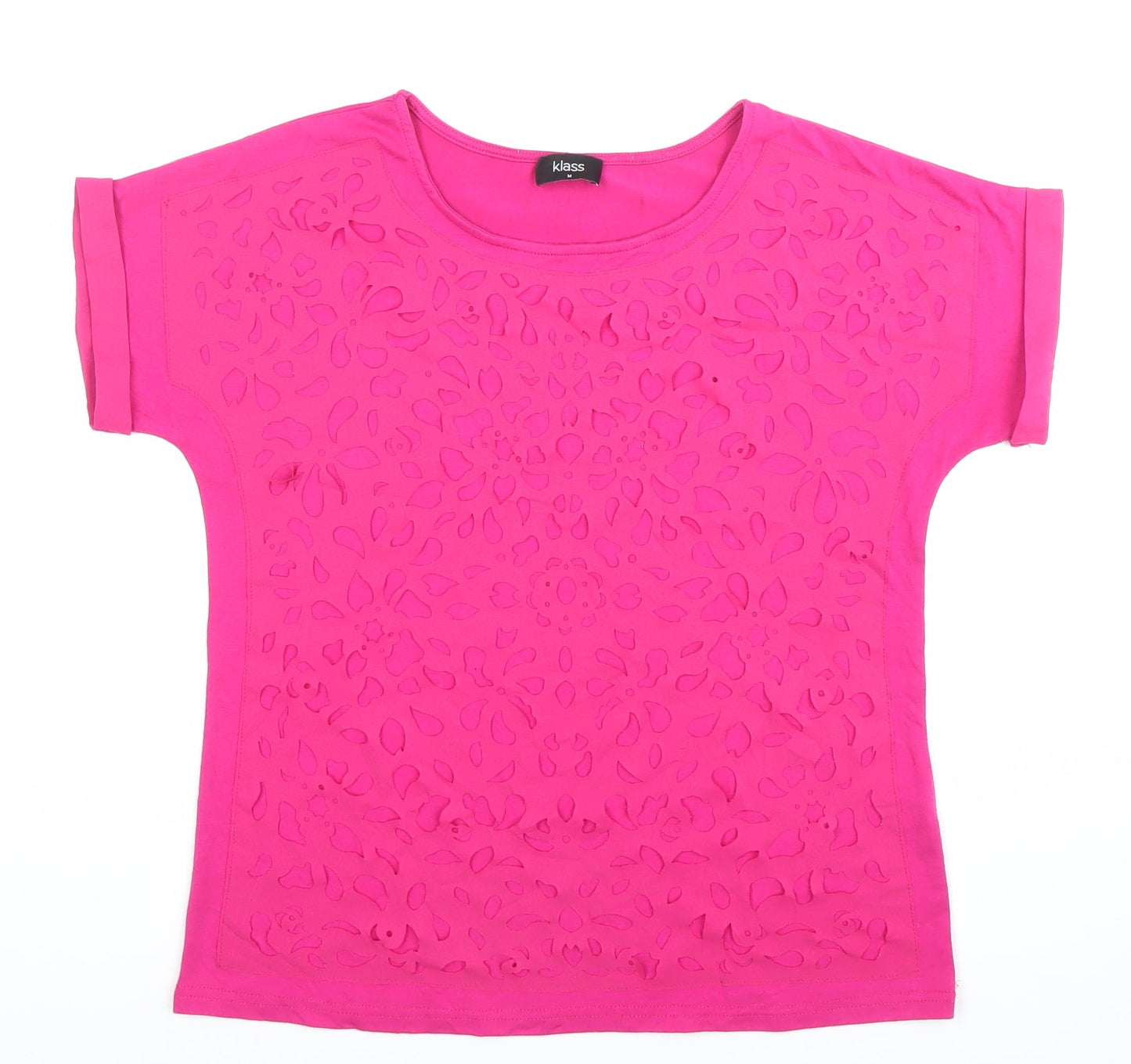 Klass Womens Pink Floral Cutout Round Neck Short Sleeve T-Shirt Size M