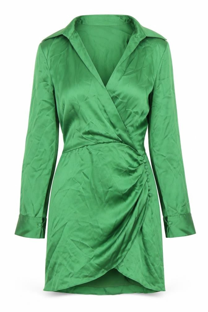 Zara Women’s Green Satin Wrap Dress Size 10 Long Sleeve Party