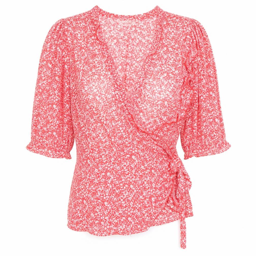 Sweewë Womens Red Floral Wrap Blouse Size M 3/4 Puff Sleeve V Neck