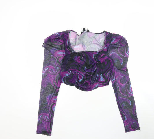 NAANAA Women’s Purple Mesh Cropped Blouse UK 8 Slim Fit Party Top