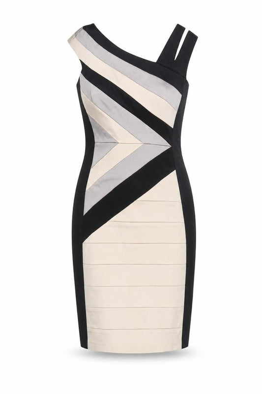 JAX Women’s Black Beige Sheath One Shoulder Cocktail Dress Size 8