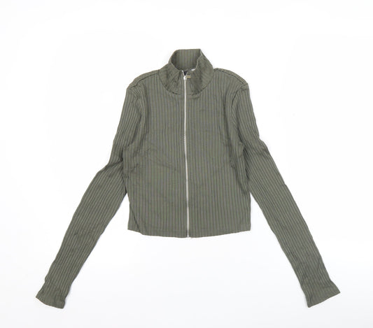 H&M Divided Women Green Slim Fit Ribbed Long Sleeve Zip Top S