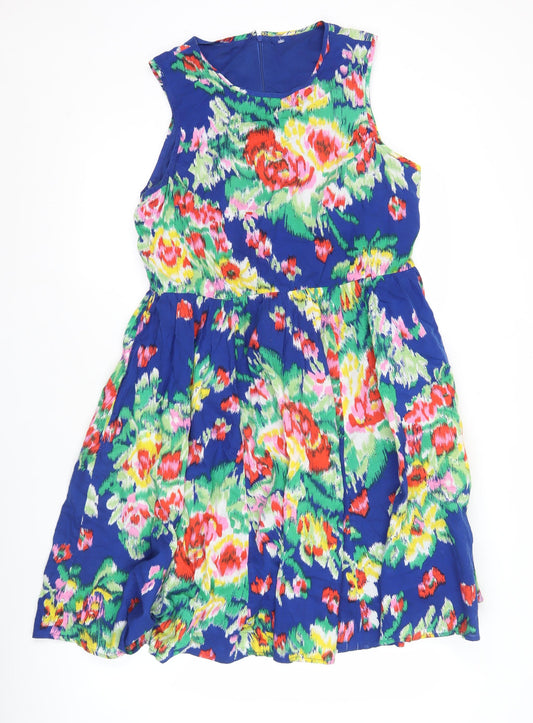 Love Label Women's Blue Floral Skater Dress Size 14 Sleeveless Cotton