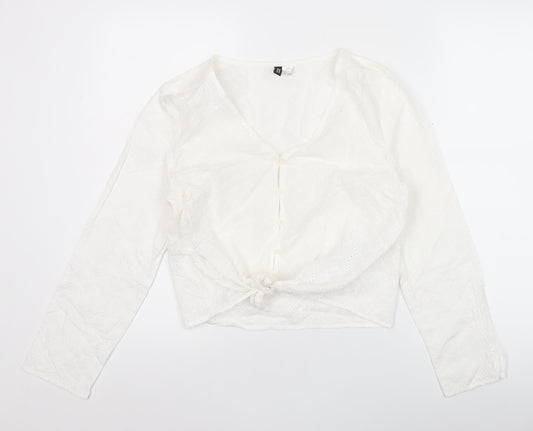 H&M Divided Women’s White Cotton Cropped Blouse UK 10 Long Sleeve