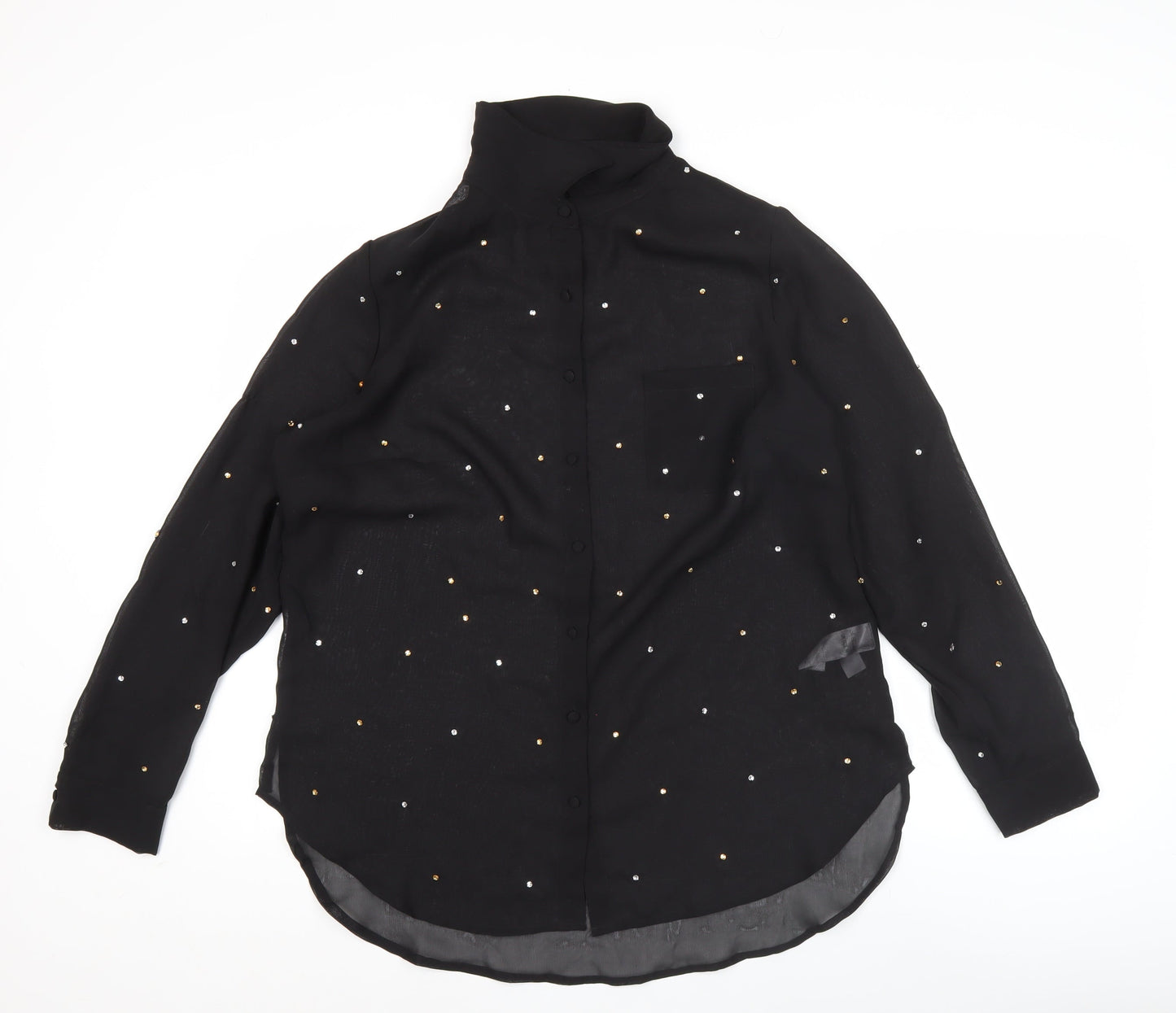 So Fabulous Women Black Sequin Long Sleeve Blouse UK 16 High Neck