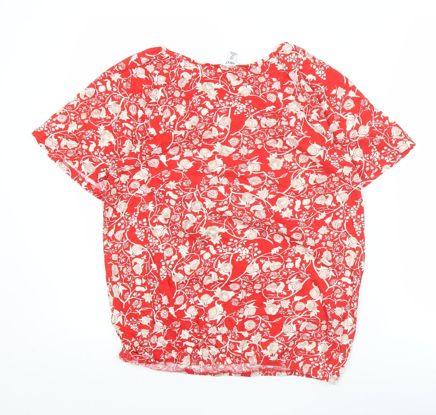 Next Womens Red Floral Cotton Tunic Blouse Size 10 Short Sleeve