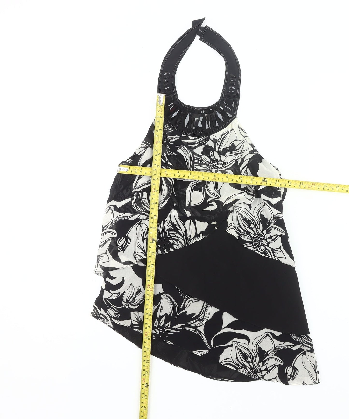 Karen Millen Womens Black Floral Halter Silk Top Size 10 Party Tank
