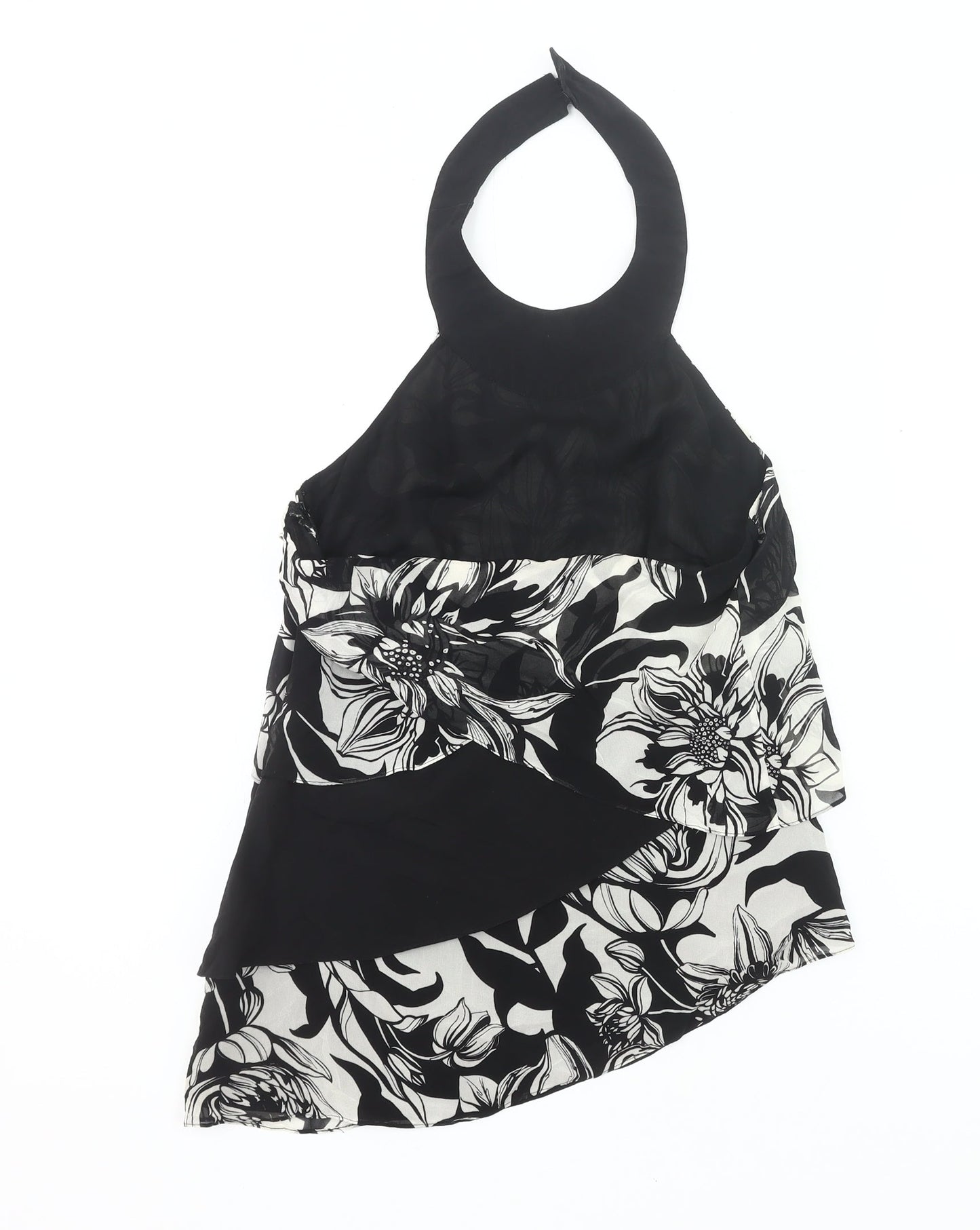Karen Millen Womens Black Floral Halter Silk Top Size 10 Party Tank