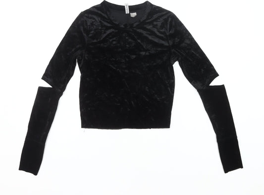 H&M Women’s Black Velvet Cropped Long Sleeve Slim Blouse S