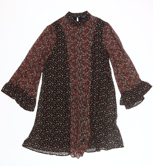 Marks and Spencer Womens Black Red Floral Shift Dress Size 14 Long Sleeve