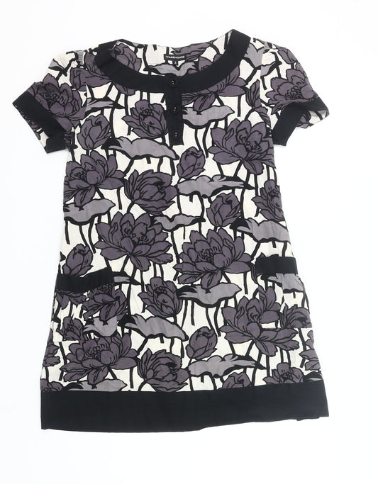 Warehouse Women’s Black Purple Floral Shift Dress UK 12 Short Sleeve Cotton