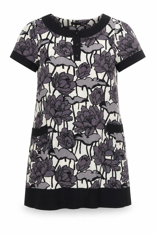 Warehouse Women’s Black Purple Floral Shift Dress UK 12 Short Sleeve Cotton