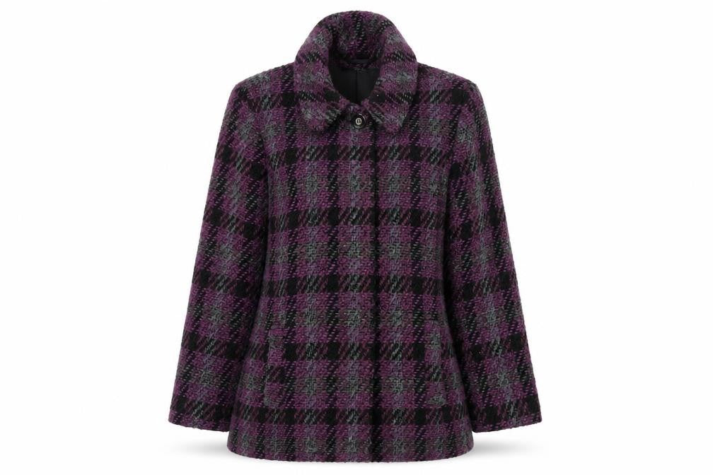 Isle Collection Womens Purple Check Coat Size 14 Wool Blend Overcoat