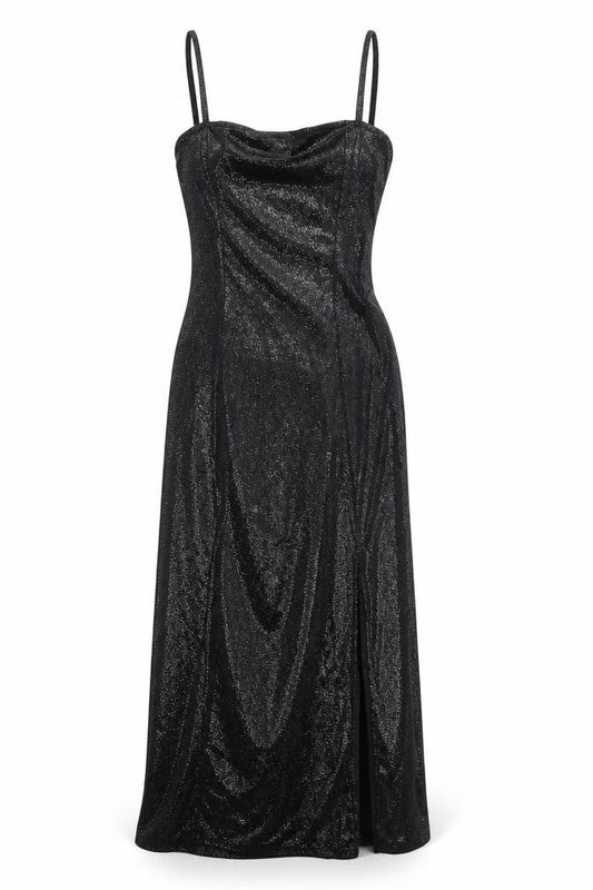 H&M Women Black XS Glitter Slip Midi Dress Party Clubwear