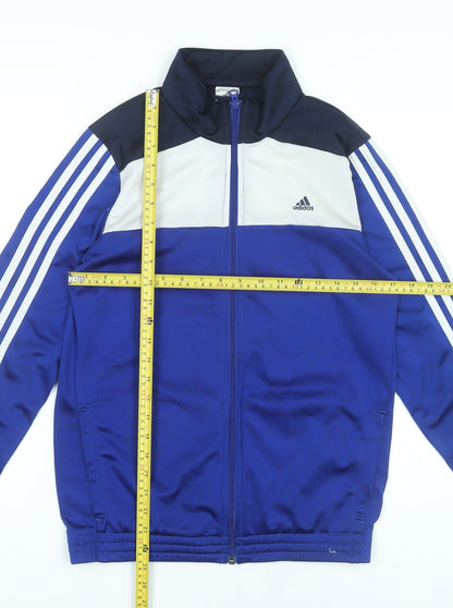 Back view of Adidas boys’ blue track jacket 14-15y full zip polyester sportswear