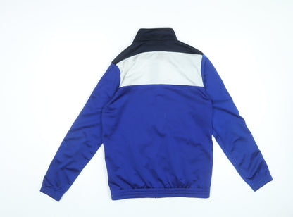 Close-up detail of Adidas boys’ blue track jacket 14-15y full zip polyester sportswear
