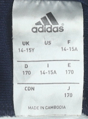Brand and care label for Adidas boys’ blue track jacket 14-15y full zip polyester sportswear