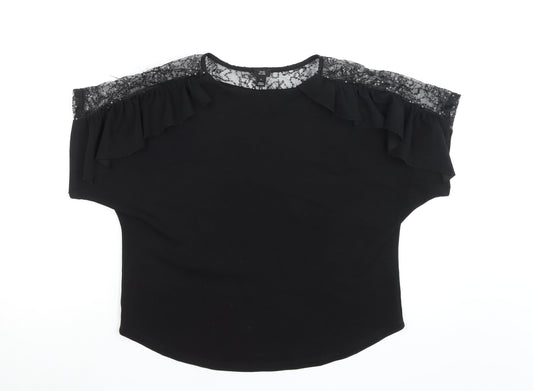 River Island Women Black Lace Ruffle Tunic Blouse Size 10