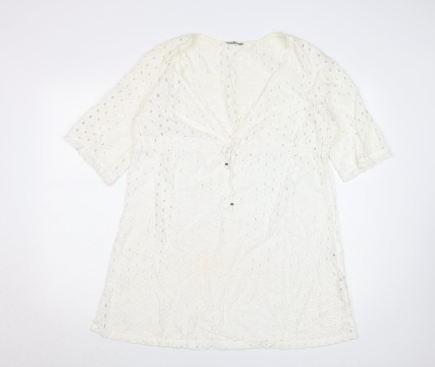 Marks and Spencer Women’s White Cotton Shift Dress Size 14 V-Neck Boho