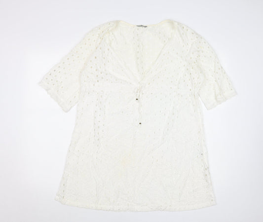 Marks and Spencer Women’s White Cotton Shift Dress Size 14 V-Neck Boho