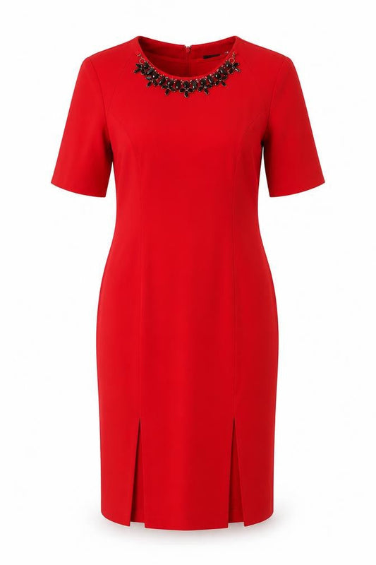 ASOS Women Red Beaded Neck Sheath Dress Size 10 Half Sleeve Knee Length