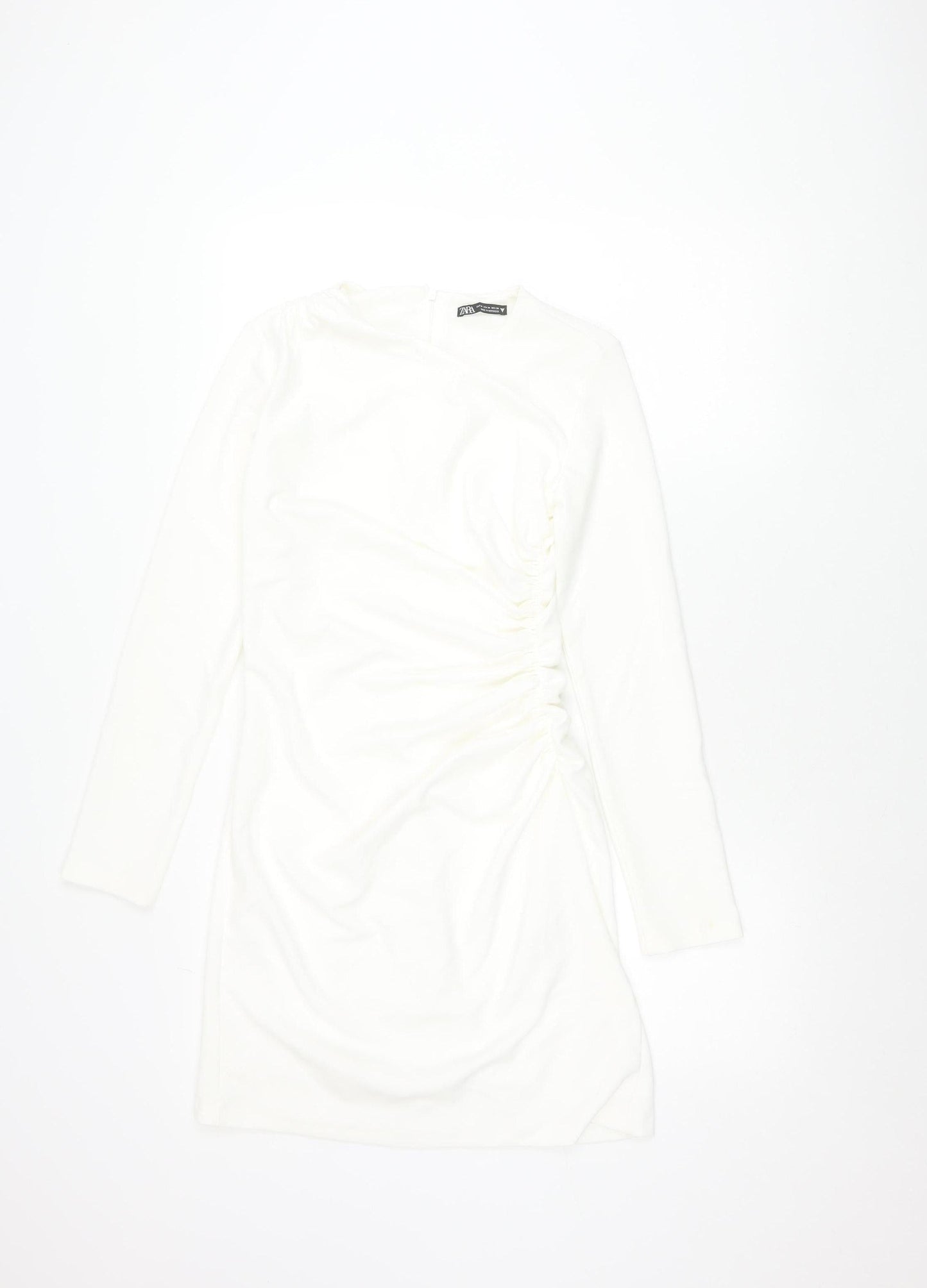 Zara Women White Bodycon Mini Dress Size 12 Ruched Long Sleeve Party